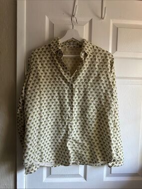 Vintage Lightweight Silk Palm-Print Button-Up